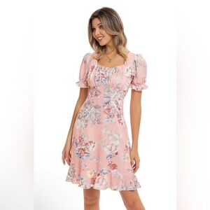 Grace Karin Floral Dress Square Neck Puff Sleeve Ruffle Stretch Womens Medium